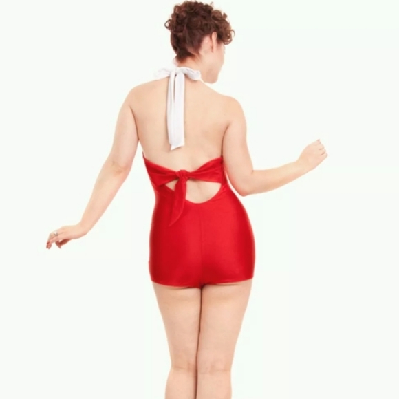 Red Bow Retro Swimsuit Womens Rockabilly Costume Pinup Halter Solid XL New WT! - Picture 2 of 4
